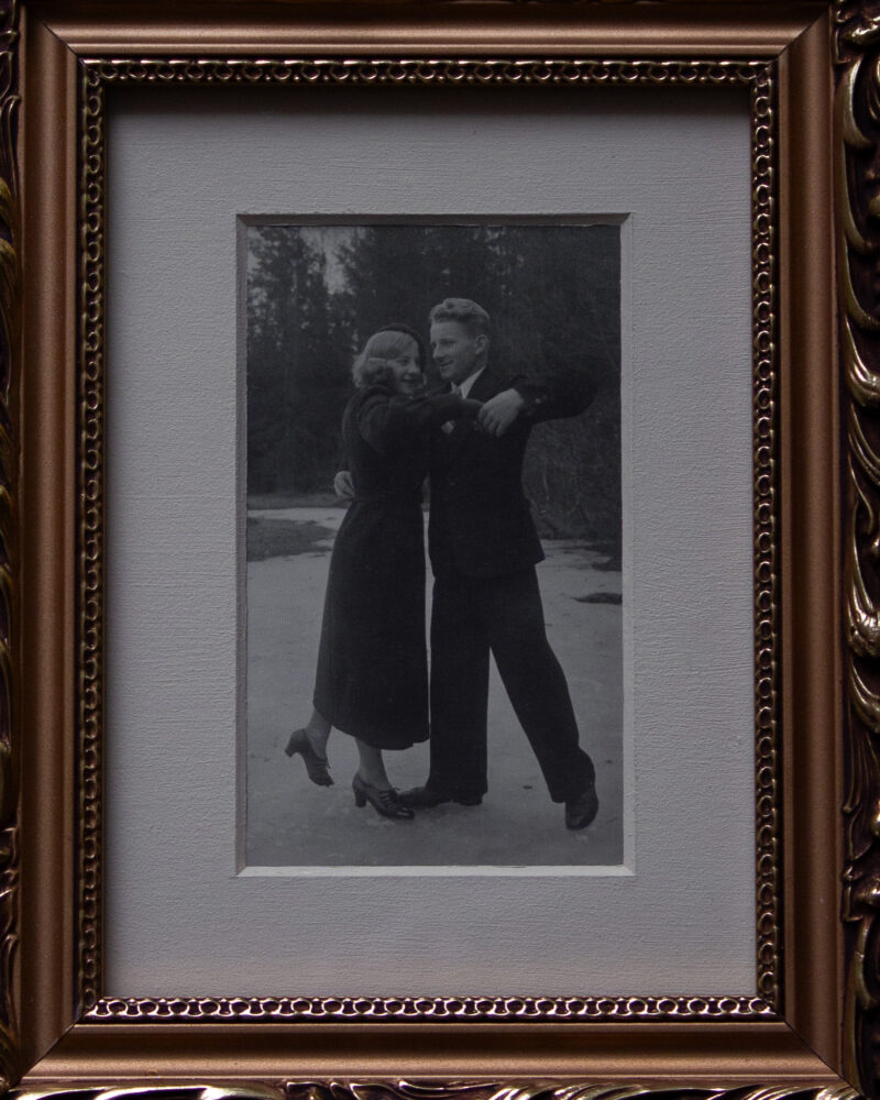 dancing couple on ice framed old photograph